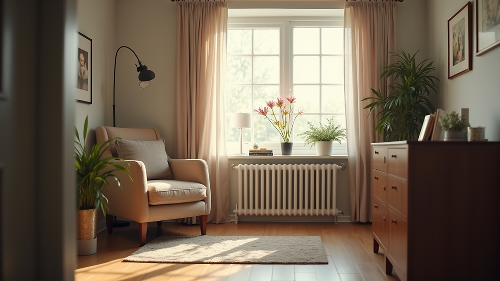 Eye-level view of a cozy counseling office with a comfortable chair and soft lighting