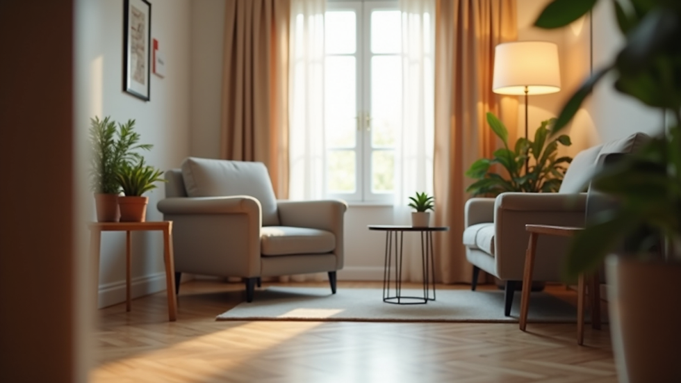 Eye-level view of a cozy counseling office with a comfortable chair and soft lighting