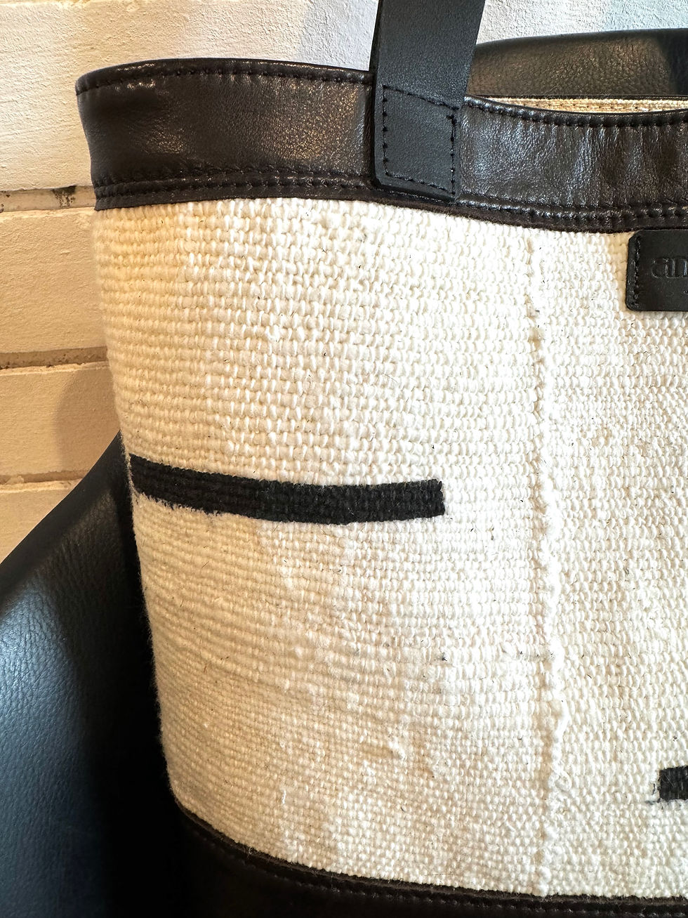 Thumbnail: White mudcloth & black leather tote bag