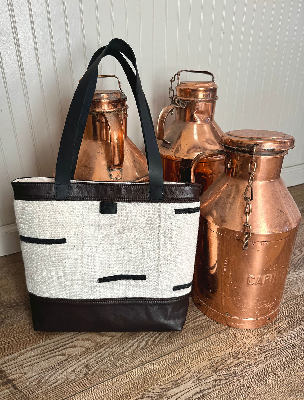 Thumbnail: White mudcloth & black leather tote bag