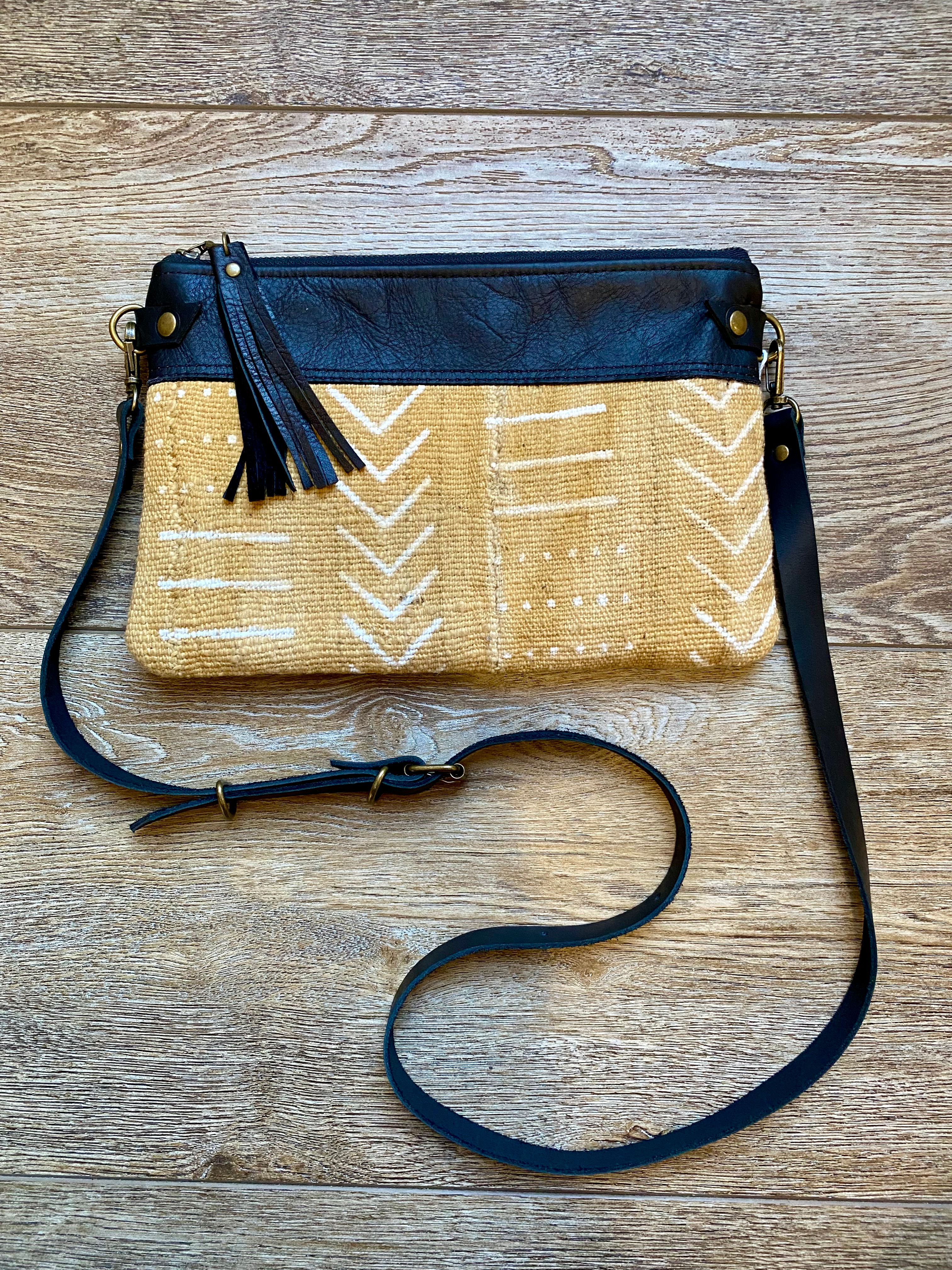 Small mustard yellow mudcloth & leather crossbody