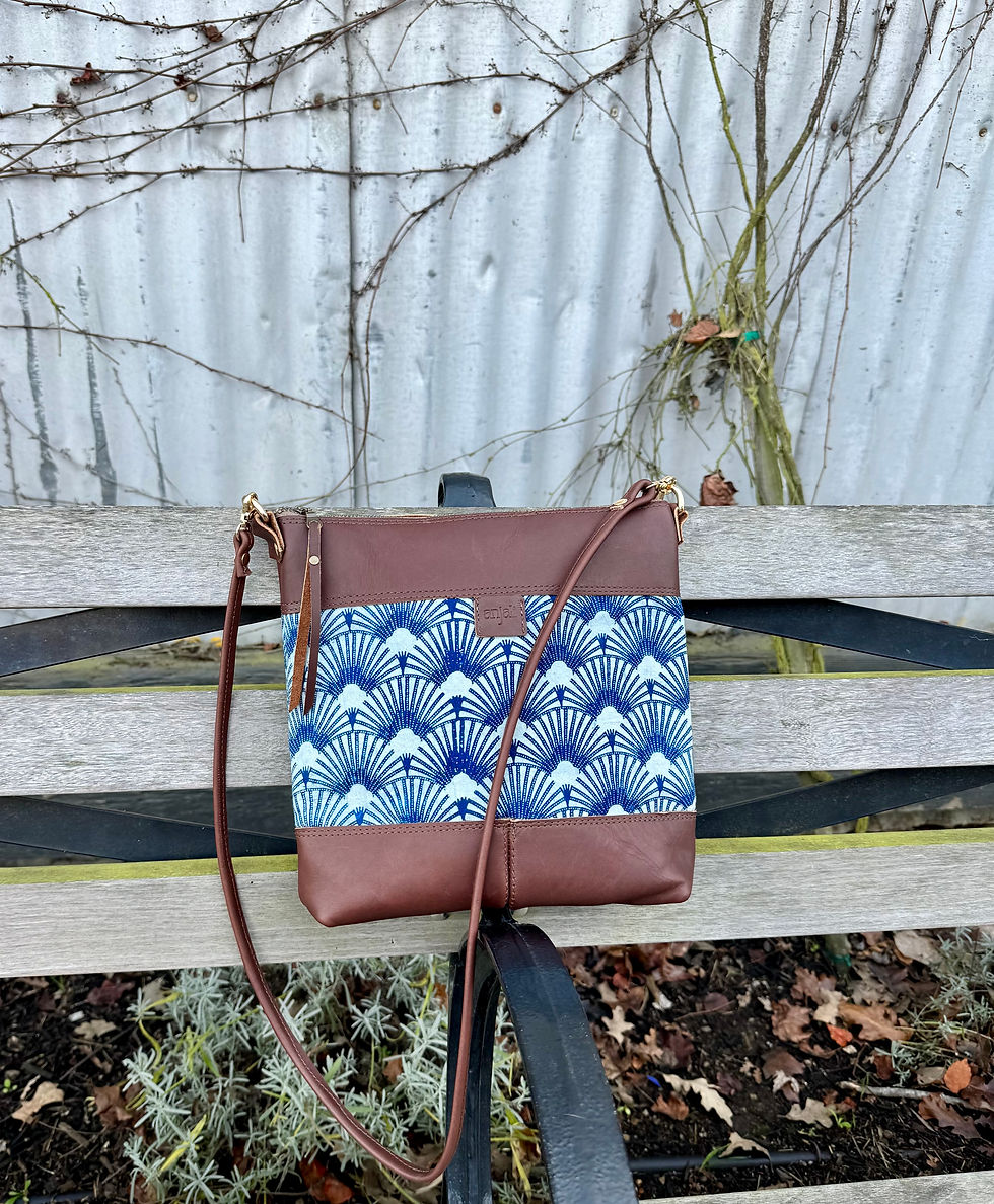 Thumbnail: Japanese indigo print & brown leather shoulder bag