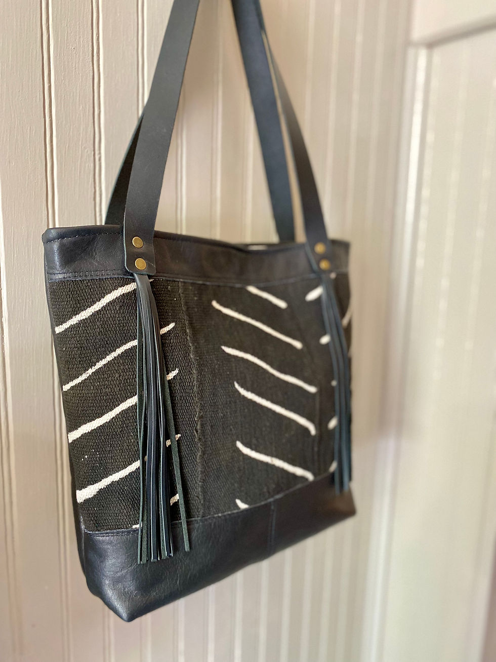 Thumbnail: Black & white stripe mudcloth & leather tote bag