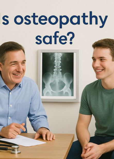 The image presents a doctor and a young patient seated across a table, both smiling, with an X-ray of a spine hanging on the wall between them. Accompanying the scene is a statement "Is osteopathy safe?" in large, bold letters at the top, suggesting a theme of safety and medical assessment.