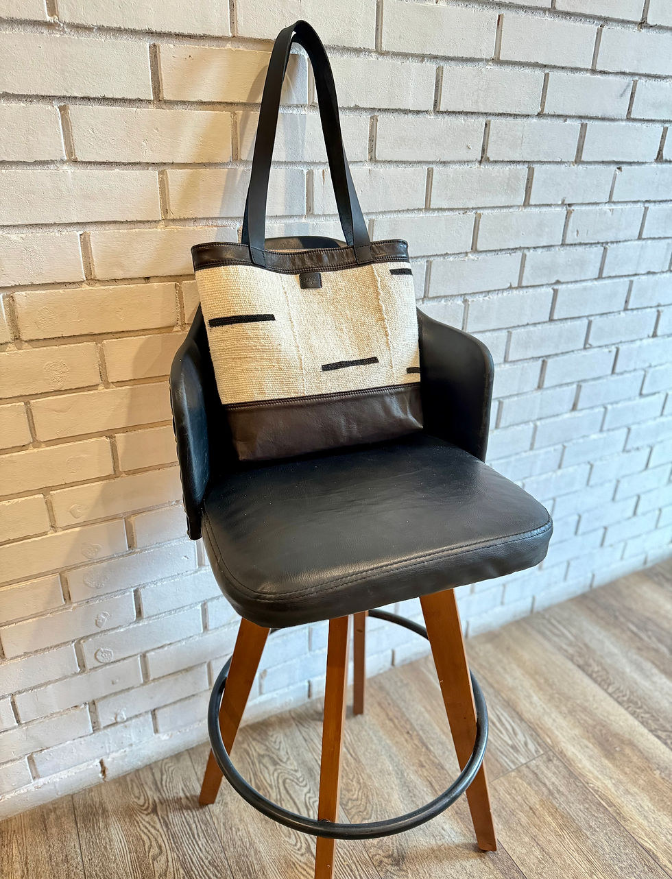 Thumbnail: White mudcloth & black leather tote bag