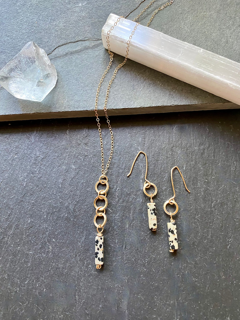 Thumbnail: Dalmatian jasper & gold hoop earrings