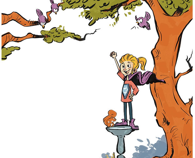 Magen standing on a bird bath smiling at the camera