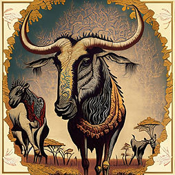 This is a medieval tapestry-style image of a black wildebeest with a long neck (or Catoblepas). There is a savannah with other catoblepasses in the background. It has a decorative border.