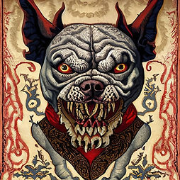 This is a medieval tapestry-style image of a demon's head. It has the head of a bulldog with yellow eyes and extra long teeth. It's skin is white, and it has red ears and a red kerchief around its neck. It has a decorative background.