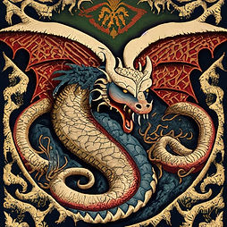 This is a medieval tapestry-style image of a wyvern. It has a dragon-like head and a long snake-like body. It has a green back and a golden belly. It has wide, outstretched red wings and an open mouth of fangs. It is in a field. There is a decorative border.