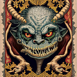 This is a medieval tapestry-style image of a demon's head. It has chubby, gray, man-like face with an extra wide smile with long pointy teeth. It has yellow eyes, a bald head, and horns. It's wearing a brown robe. It has a decorative background.
