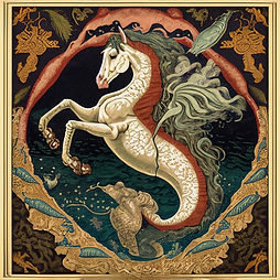 This is a medieval tapestry-style image of a hippocampus, which is a merhorse. It has the white upper body of a horse, and a white mermaid's tail. It has a red stripe on its back, and a mossy green mane. It is in the ocean. It has a decorative border.