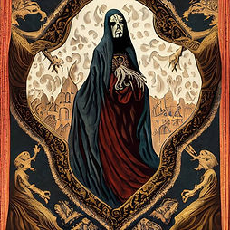 This is a medieval tapestry-style image of a fictional representation of a banshee ghost. The ghost is a figure in a black hood and cloak, with a red dress underneath. The face is a blank white mask, with no person behind the mask, only shadows. The hands are together with the fingers wiggling like tentacles. There is a village in the background. There is a decorative border.