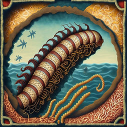 This is a medieval tapestry-style image of light brown millipede (or skolopendra) with red legs and segment lines. It is in on the surface of the ocean. It has a decorative border.