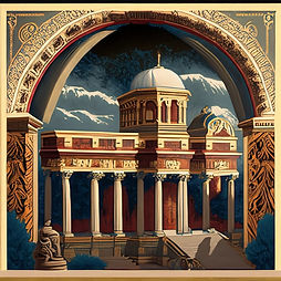 This is a medieval style image of a greek-style courthouse. The courthouse has white pillars a red roof and inside, with yellow-gold trim. It has a two cupolas with gray roofs. The center one has a round domed roof. There is some shrubbery in the foreground and mountains in the background. There is a decorative border.