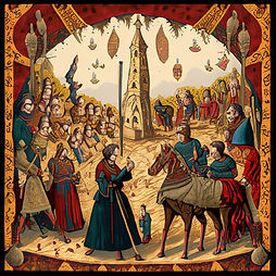This is a medieval tapestry style image of a festival. There are a variety of knights and medieval people dressed in red, blue, and brown robes and caps. There is a brown horse in the foreground with a gray horse coat. In the background is a stone tower with a pointy stone roof in the middle of a field. There is a decorative border.