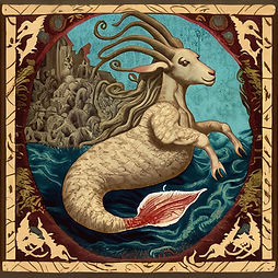 This is a medieval tapestry-style image of a sea goat. It has the white upper body of a goat, and a white mermaid's tail, with red at the tip of its fin. It is in on the surface of the ocean, in front of a rocky beach. It has a decorative border.