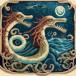 This is a medieval tapestry-style image of a hydra. It has two light brown, dragon-like heads with yellow-brown eyes and red tipped fins coming off the back of its head. The mouths are open, showing their sharp teeth. The two necks are attached with a swirl of of tail behind them. It is in on the surface of the ocean at night. It has a decorative border.