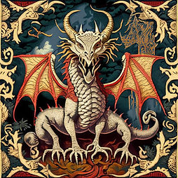 This is a medieval-style tapestry image of a white dragon with orange edges to his outstretched wings. He is on all fours facing the observer. There is a decorative border.