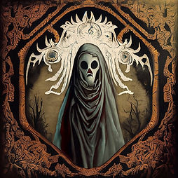 This is a medieval tapestry-style image of a fictional representation of a ghost. The ghost is a figure in a black hood and cloak. The face is a blank white mask, with no person behind the mask, only shadows. There are some spooky woods in the background. There is a decorative border.