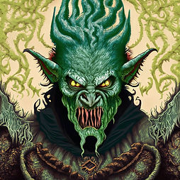 This is a medieval tapestry-style image of a demon. It is a medium green, hairy, man-like face with muted red, extra long pointy teeth. It has yellow eyes and long pointy ears. It has really long chunky locks sticking straight up from its head, and two chunky locks from its chin. It is wearing a greenish gray jacket with light green shoulder pads. It has a decorative background.
