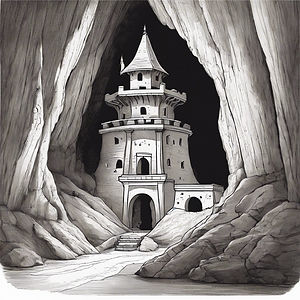 black and white illustration of a tower-style fort deep inside a cave