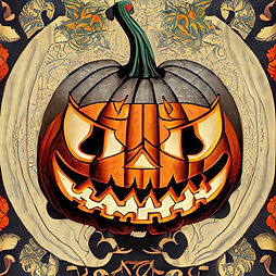 This is a medieval tapestry-style image of a fictional representation of a dullahan ghost. The ghost is represented by jack-o-lantern, with glowing yellow eyes, nose, and teeth. There is a decorative background.
