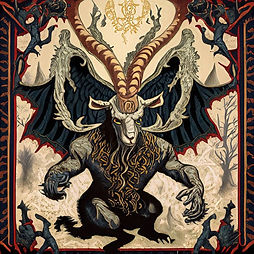 This is a medieval tapestry-style image of a demon. It has gray half man, black half goat body like a satyr. It has a white goat head with long golden horns, and dark gray wings. Its wings are outstretched. It has a decorative background.