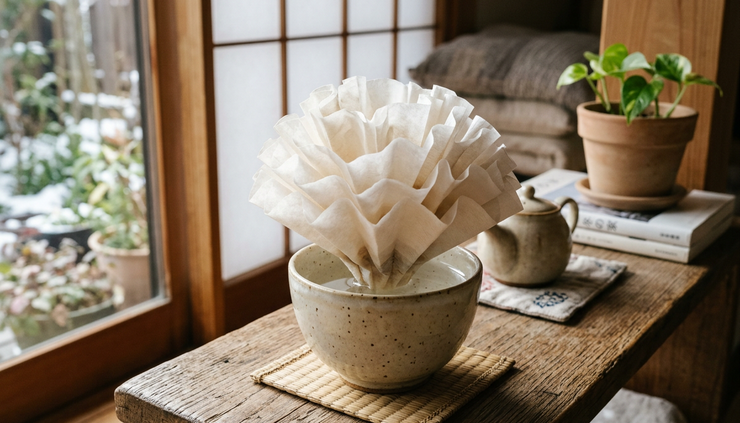Close-up of handmade paper humidifier made with coffee filters in a small ceramic cup.