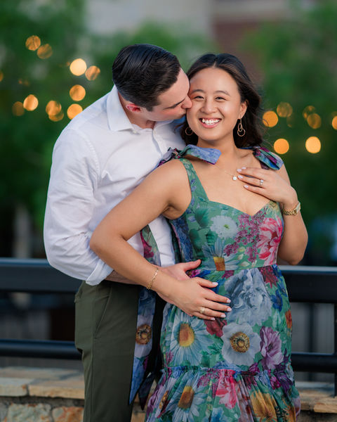 Portrait of an engagement proposal at the Riverwalk in Flower Mound, Texas.