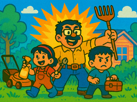 DIY family doing lawn care together.