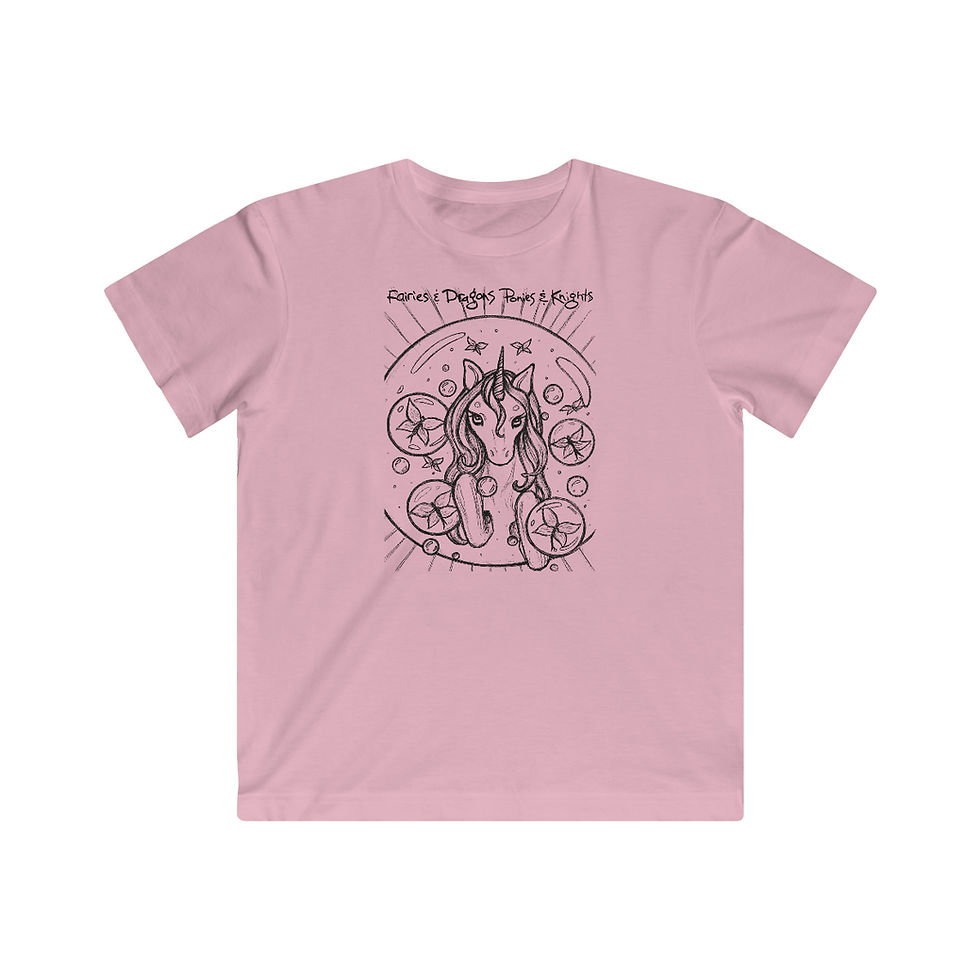 Thumbnail: Unicorn Bubble + Fairies (black) - by Sara Hopkins - Kids T-shirt