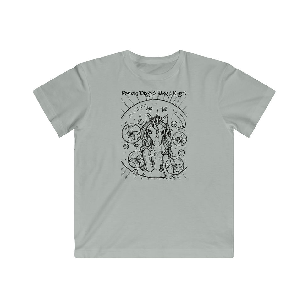 Thumbnail: Unicorn Bubble + Fairies (black) - by Sara Hopkins - Kids T-shirt