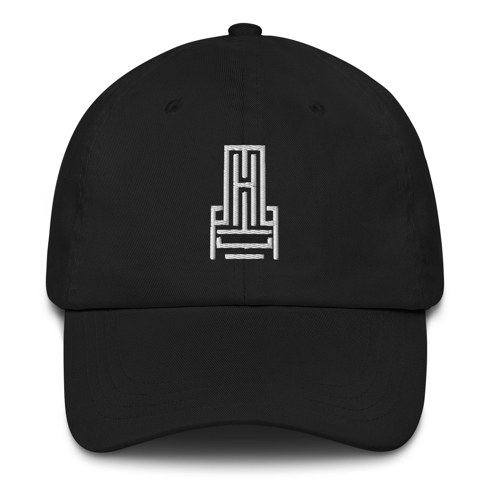 Black hat featuring a faith-inspired chair logo from Holy Made, shown in a clean minimalist style.