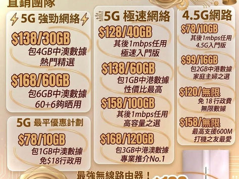 CSL 5G⚡️全新特價🕰️限時優惠計劃
🔆手機月費*雙倍數據🔆家居寬頻🔅
(原價$256)
⚡️激減月費$138
⚡️60GB本地數據(其後1M無限用)
⚡️1GB大陸及澳門數據
⚡️支援king傾漫遊通話
👏🏻👏🏻CSL 5G 極速
⚠️$98/本地20GB+全中國數據3GB
⚡️網上行光纖入屋⚡️
💡低至半價優惠$108起
💡1000-2500M