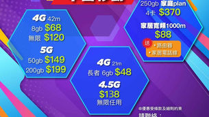 中國移動 CMHK 5G 限時優惠 
$149 50GB-其後任用1Mbps 送 2GB 大灣區數據🔥🔥
$199 5G全速 200GB-其後任用5Mbps 🔥🔥
5G全速 100GB-其後任