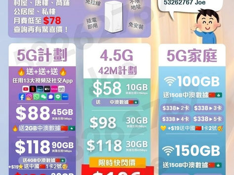 🥳06月份快閃優惠
《快閃$88/5G 45Gb+2Gb中澳🇨🇳數據+送任用社交》
👨👩👧👦5G家庭Family組合(快閃)
🚀Plan A
✅每月送15Gb中澳🇨🇳數據共用
1️⃣$338🔥100Gb(5卡共享) 🎉主菜😉
(平均月費每卡$67👏)
2️⃣$368🔥150Gb(5卡共享)
✅每月送15Gb中澳🇨🇳數
✅數據用完停,再1次性Top Up