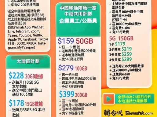 中國移動 2024 專屬中秋優惠

企業員工/公務員中港兩地共用特別優惠
$159 50GB $279 100GB 中港共用送一卡兩號

5G 多卡共享150GB,2卡$219, 3卡$259,4卡$299
學生5G計劃$138 50GB送$1200買機回贈, 送免費esim
