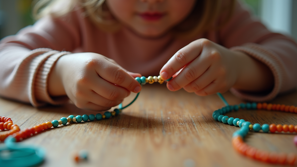 High angle view of a child’s hands threading beads on a string