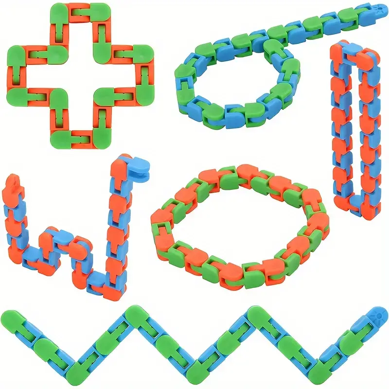 top view of six different coloured wacky tracks in different shapes