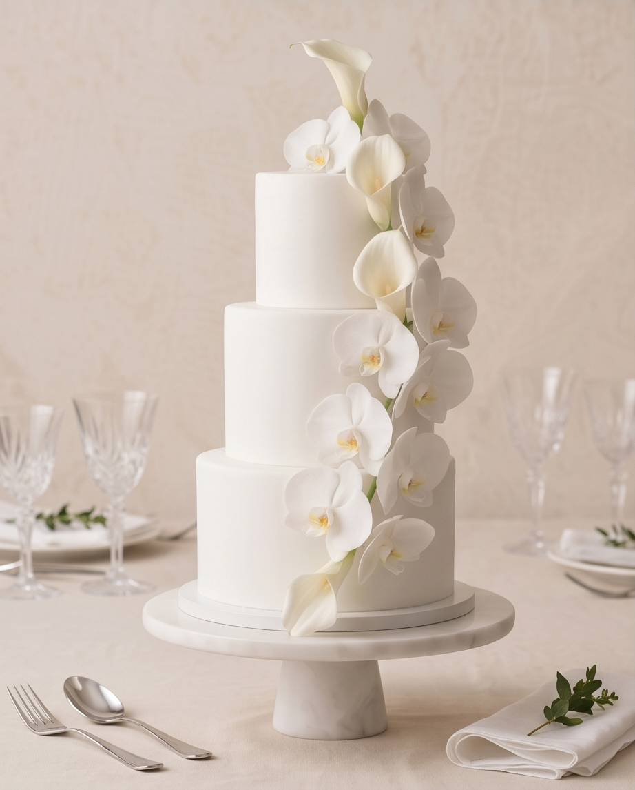 Thumbnail: THREE TIERED WHITE FRESH FLORAL WEDDING CAKE