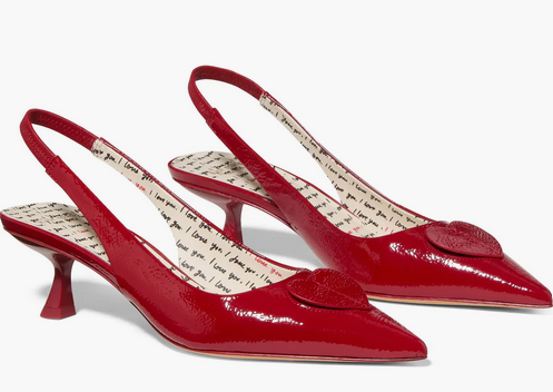 Red slingback heels with heart details, text inside reads "I love you." Shoes on white background convey a romantic and chic style.
