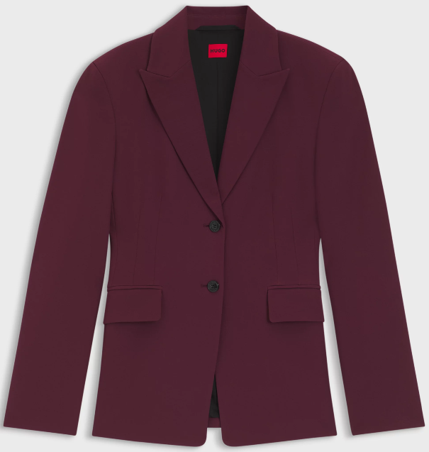 Maroon HUGO blazer with two buttons and flap pockets, shown front-on against a white background.