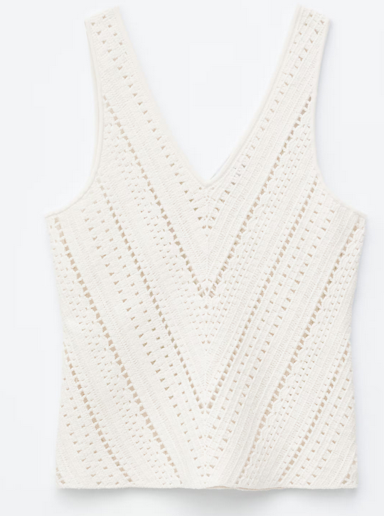 White sleeveless V-neck knit top with textured openwork stripes on a plain white background.