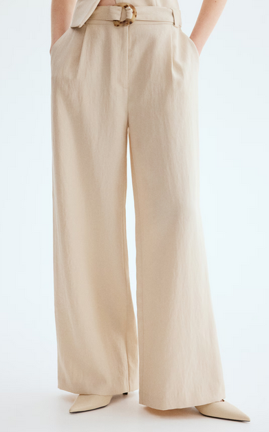 Wide-Leg Pants with Belt, creme