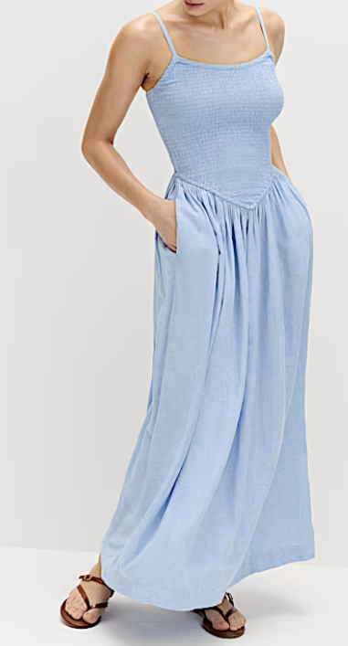 Linen Rich Shirred Midi Dress , icy blue