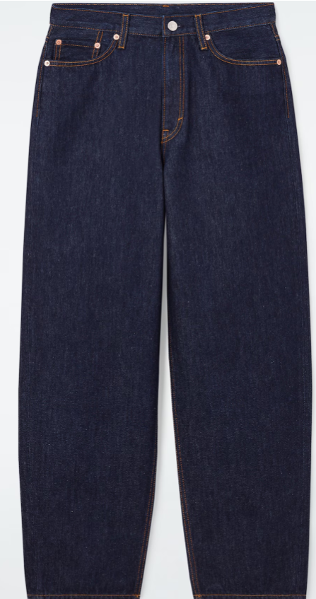 Dark indigo denim jeans with orange stitching and front pockets, shown flat on a white background.