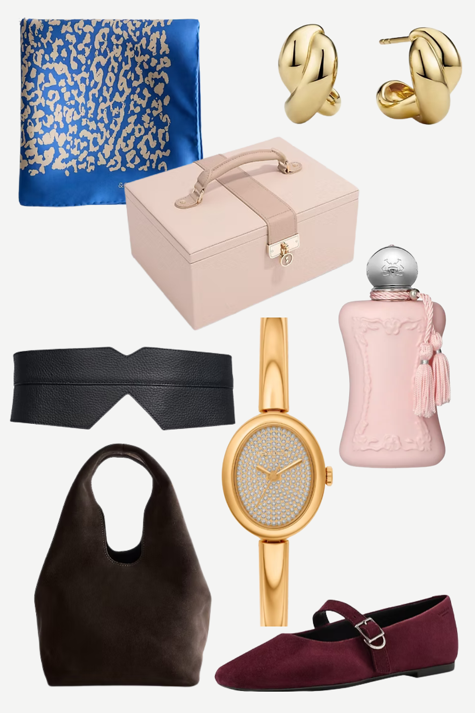 Collage of luxury accessories: blue scarf, gold earrings, pink jewelry box, black and brown bags, gold watch, perfume, burgundy flats