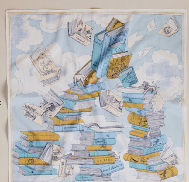 Illustration of stacked blue and yellow books and flying pages in a cloudy sky, forming a stairway.