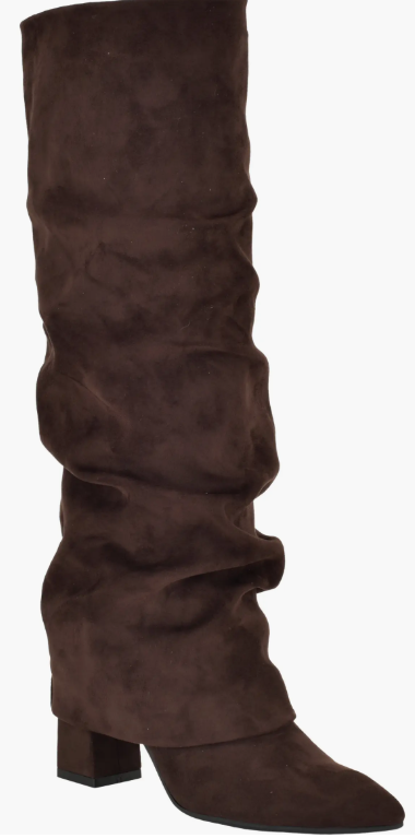 Brown suede slouchy knee-high boot with block heel, shown in close-up on a plain white background.